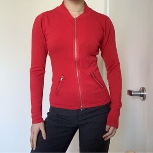 Cherry Red Lightweight Bomber-Style Jacket with Silver Hardware